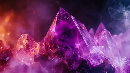 Obraz premium Close-up of vibrant purple crystals, illuminated with warm and cool light, creating a mystical and enchanting atmosphere.