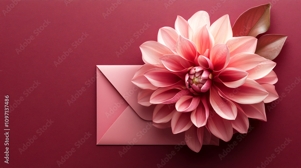 Poster minimalist and elegant composition of pink dahlia flower and leaves on a matching envelope against a