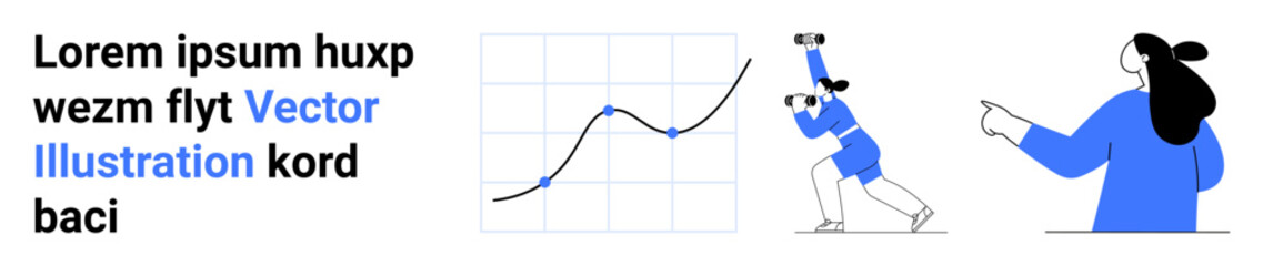 Graph with trend lines, person using binoculars, person pointing. Ideal for data analysis, business growth, market research, future planning, goal setting, presentation slides, web design. Banner