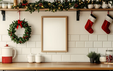 Kitchen with christmas decor and blank wooden frame