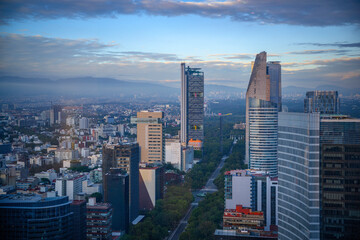 Fototapeta premium Mexico City Skyline, Skyscrapers, and Landmark Buildings in Ciudad de México: Beautiful vibrant historic metropolis in rain at 7,350 ft