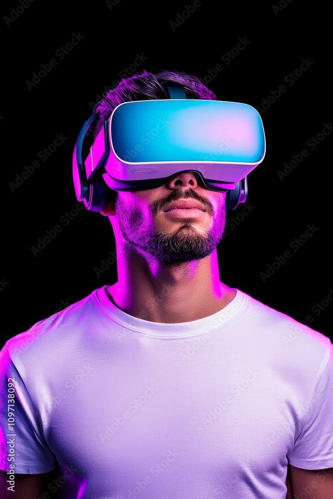 Poster a man interacts with virtual reality by using a vr headset.