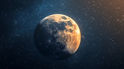 Obraz premium A mesmerizing view of a celestial body, bathed in warm orange and dark hues, set against a backdrop of twinkling stars. The surface is richly textured with craters and valleys.