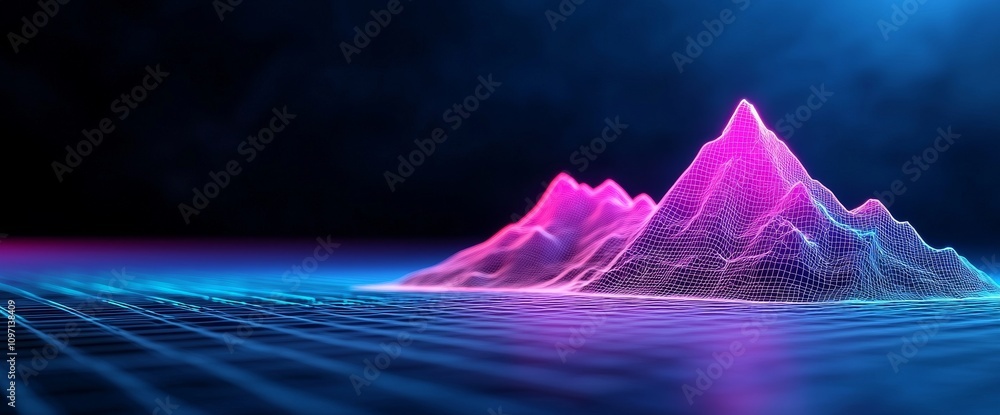 Poster an abstract virtual reality scene in violet, depicting a cyber space landscape with unreal mountains