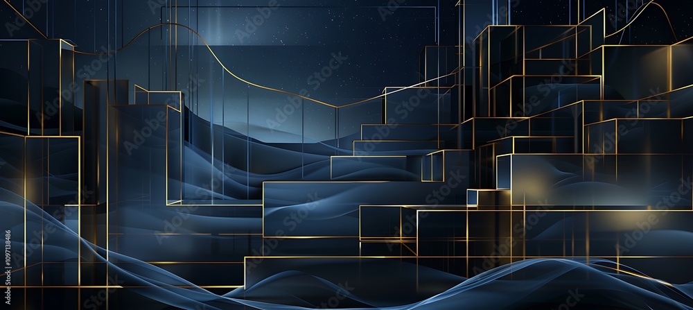 Poster luminous gold and azure blue abstract design with eye-catching effects and soft gradations for creat