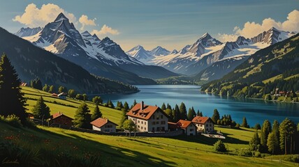 Majestic alpine lake view with houses, mountains, and greenery.