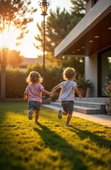 Fototapeta premium Two toddlers run holding hands in grassy garden. Modern villa background. Evening sun. Childrens leisure. Joyful kids play outdoors. Summer fun. Family happiness.