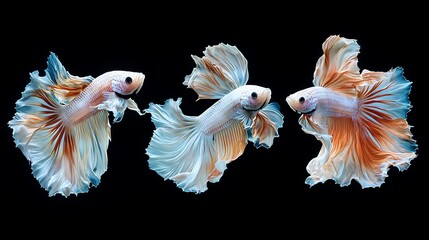 Obraz premium Three elegant Siamese fighting fish, each showcasing unique fin formations and pastel colors against a stark black background. Their graceful movements are captured in this stunning image.