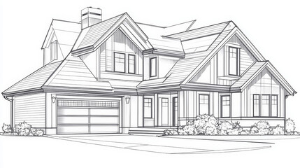 A wireframe sketch of a house with clear separation of visible and invisible line layers, highlighting the architectural structure, walls, windows, and roof in a minimalist design.