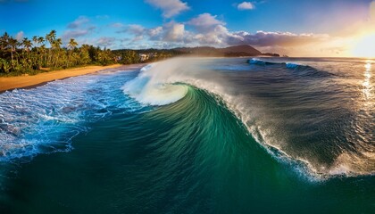 a vibrant wave curls dramatically creating a perfect surfing opportunity in a beautiful tropical location