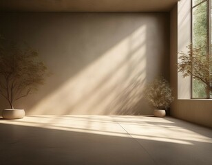 empty abstract room corner with sunlight beams and trees leafs shadows room made of concrete floor and walls empty plaster wall concrete stage with sunlight and shadows place for desi generative ai