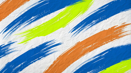 Abstract artwork on white background with dynamic blue, orange, and yellow brushstrokes creating energy and movement. 