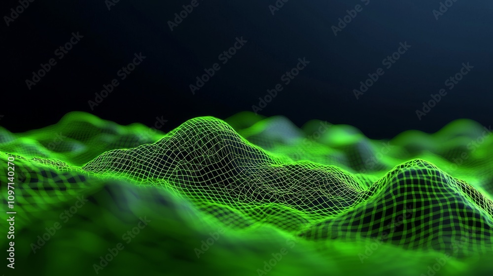 Poster an abstract wireframe landscape is depicted with a realistic green grid pattern against a transparen