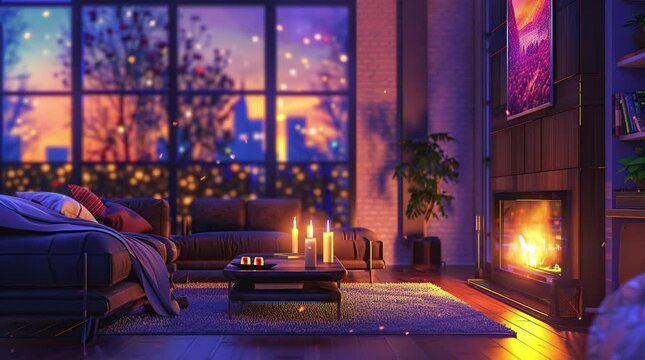 Comfortable cozy room interior with soft sofa and warm glowing lamp at night
Seamless looping 4k time-lapse virtual video animation Generated AI
