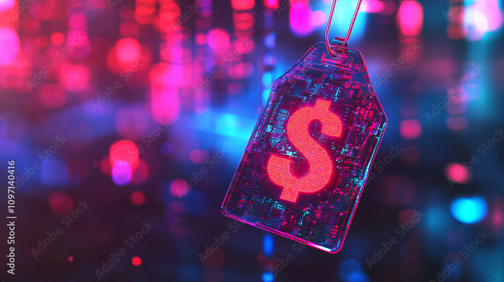 Aufkleber Blurred background with bokeh effect and a futuristic price tag displaying a dollar sign, symbolizing online shopping and consumerism