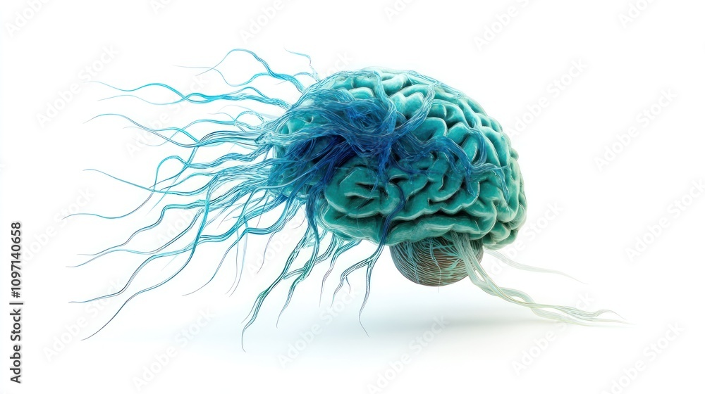 Poster a surreal representation of a brain with tentacle-like extensions, blending biology and imagination.