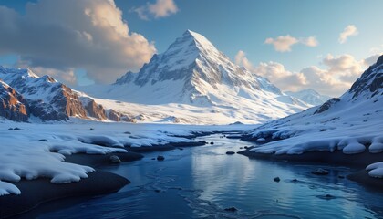 Snowy mountain peak landscape. Calm river flows through valley. Winter scenery. Arctic nature. Sunrise colors. Panoramic view. Cold climate. Frozen water. High altitude. Travel route. Mountain range.