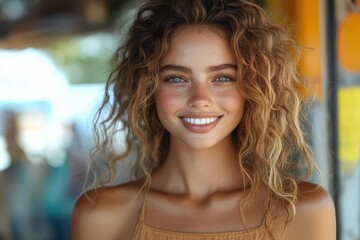 vibrant portrait of a beautiful young woman with curly hair savoring fast food outdoors, framed with lively urban surroundings that capture the joy of casual dining