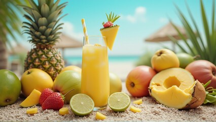 Tropical cocktail with fresh fruits pineapples, mangoes and coconuts, on the beach