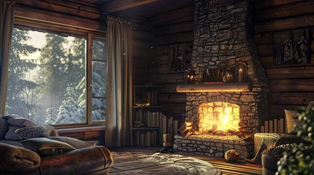 Warm cozy room with fireplace and window overlooking snowy winter landscape
Seamless looping 4k time-lapse virtual video animation Generated AI