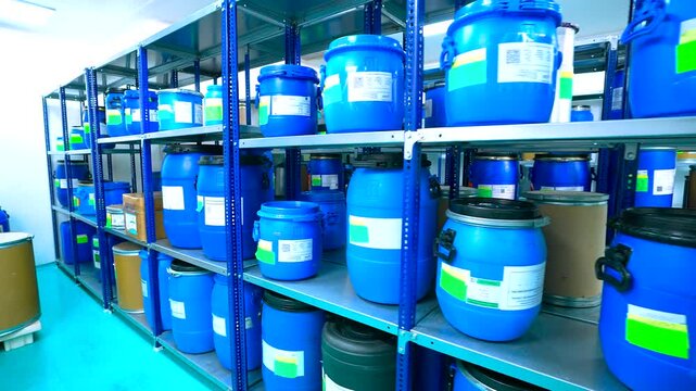 warehouse with pharma blue container rack for storage and epoxy flooring in a pharmaceutical manufacturing factory in cleanroom for active pharma ingredients, speciality chemicals.	