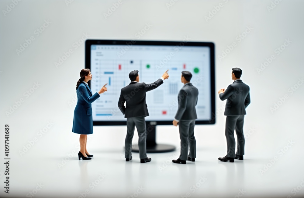 Poster miniature businesspeople review data on large computer screen. team analyzes graphs charts. woman po