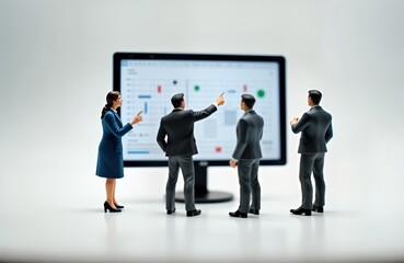 Miniature businesspeople review data on large computer screen. Team analyzes graphs charts. Woman points at monitor. Men discuss presentation. Digital marketing concept.
