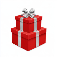 Fototapeta premium Two red gift boxes with silver ribbon and bow stacked on top of each other on a white background