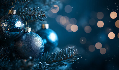 New Year and Christmas decorations, balls, xmas tree, golden lights on dark blue background, generated ai 