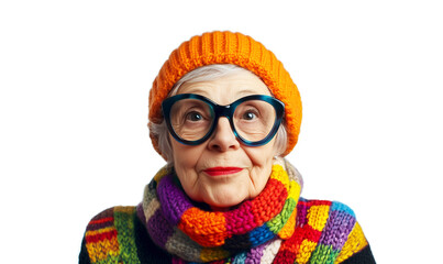 Confident cool senior woman with stylish glasses and colorful clothes isolated on white, generated ai