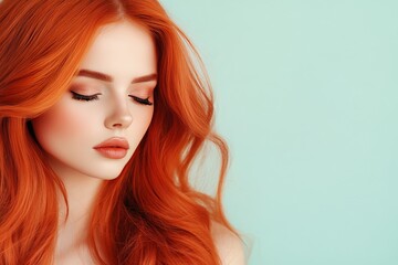 Fototapeta premium Young woman with long red hair gently flowing in the breeze against a pastel background