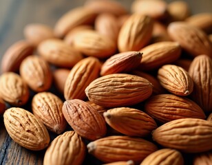 Close-up almond nuts heap. Brown almonds texture. Natural food grain. Healthy meal ingredient. Bake recipe. Almond milk source. Harvest crop. Protein diet.
