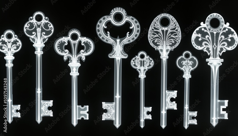 Poster Xray scan of antique keys collection. Intricate metal designs shine. Elegant patterns glow. Old fashioned shapes. Luxury item. Isolated single objects. Glowing keys. Royal ornate style. Abstract art.