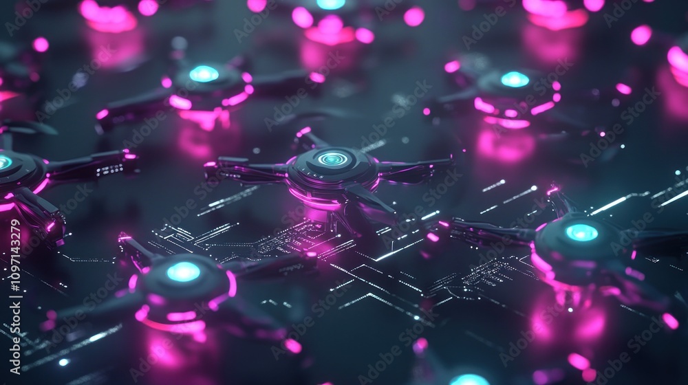 Poster Futuristic Drones Swarm Network Circuit Board