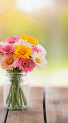 Fototapeta premium Colorful bouquet of flowers in a jar on a wooden table in a bright setting