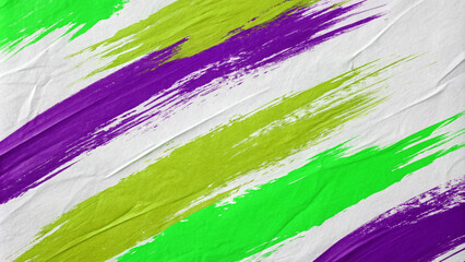 Abstract painting on white background with vibrant green, white, and purple brush strokes in diagonal pattern. Green from lower left, purple upper right, with white interspersed, creating lively rhyth