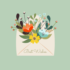 a card with flowers and a card that says "best wishes". Mother's day, women's day gift. Hand-drawn trendy letter with flowers inside. Modern greeting concept. Beautiful floristics. Botanical elements.