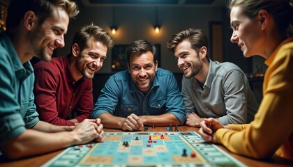 Four friends play board game. Intense game night. Casual indoor fun. Teamwork. Happy people. Friends gather. Group collaboration. Competitive gaming. Tabletop strategy. Enjoy leisure time.