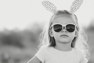Fototapeta premium Young girl wearing bunny ears and sunglasses enjoys a sunny day outdoors in black and white