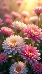 Pink chrysanthemum flowers field. Autumn plants with dew drops. Closeup view water droplets on petals. Floral background. Nature scene. Cool weather. Festival image.