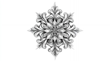 Intricate Black and White Floral Design Resembling a Snowflake With Elaborate Curves and Details
