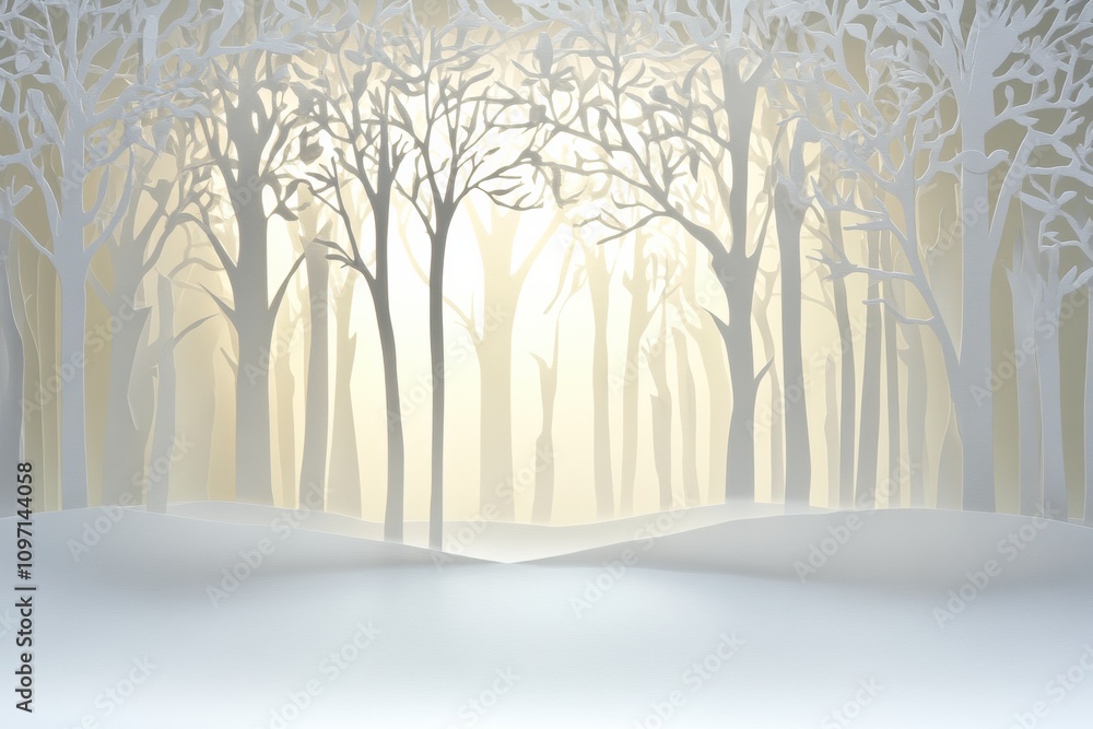 Poster This serene winter forest features white paper silhouettes of trees bathed in a gentle, warm light, creating a tranquil atmosphere. Generative AI