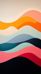 Colorful abstract landscape featuring flowing waves and a bright sun on the horizon at sunset