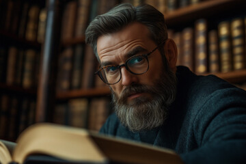 Obraz premium Older man reading in a library surrounded by antique books. Generative AI