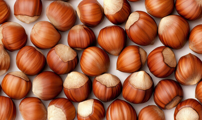 Obraz premium A close-up view of glossy, brown hazelnuts scattered on a light background, showcasing their smooth texture and natural sheen.