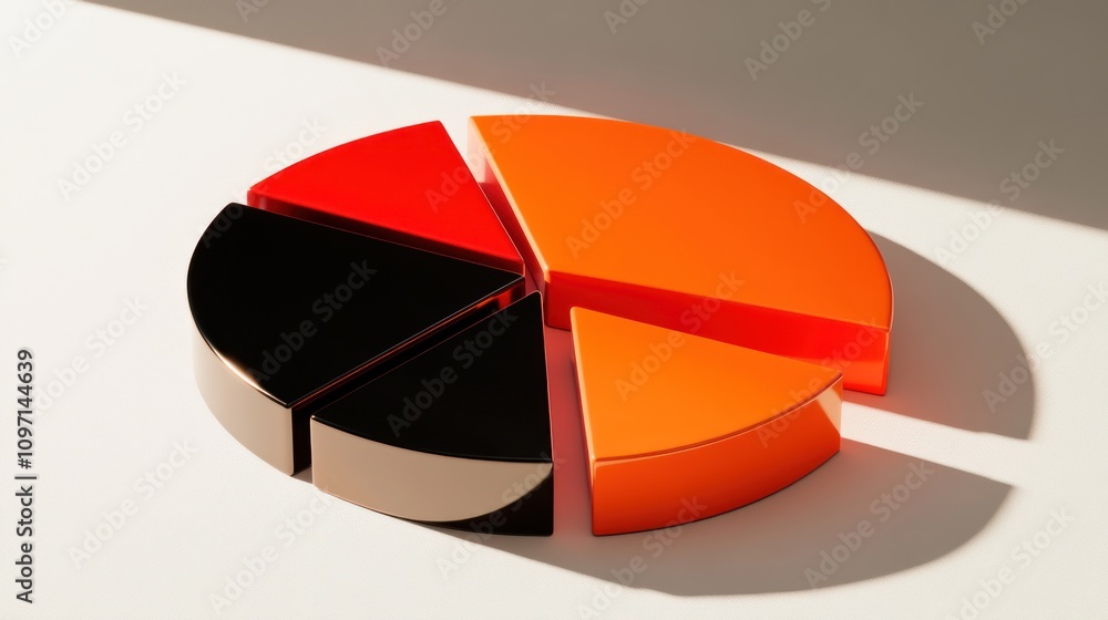 Poster A colorful pie chart model with segments in orange, black, and beige, illustrating data representation.