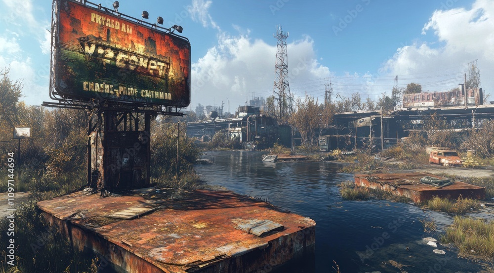 Poster A post-apocalyptic landscape featuring a rusted billboard and abandoned structures near water.