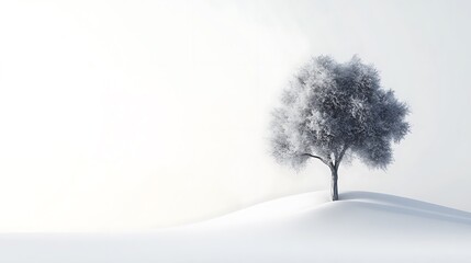 Fototapeta premium Serene winter landscape featuring a snow-covered tree standing alone on a gently sloping hill. The soft, muted colors create a peaceful atmosphere.