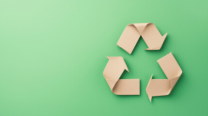 Logo of the recycling symbol made from cardboard on a green background.