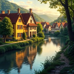 Obraz premium Riverfront houses reflect in calm water. Picturesque village. Green landscape. Summer sunlight. Countryside homes. Bungalow architecture. Nature scene. Tranquil park. Travel destination.